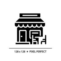 2D pixel perfect glyph style cafe icon, isolated vector, silhouette building illustration. vector