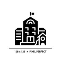 2D pixel perfect glyph style building with flag icon, isolated vector, silhouette building illustration. vector