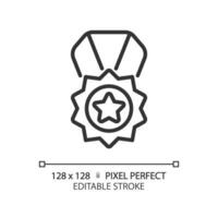 Medal pixel perfect linear icon. Reward for high quality service. Product rating performance. Best service. Thin line illustration. Contour symbol. Vector outline drawing. Editable stroke