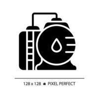 Oil refinery black glyph icon. Power plant. Petroleum product. Chemical industry. Energy production. Storage tank. Silhouette symbol on white space. Solid pictogram. Vector isolated illustration