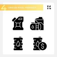 Fuel storage black glyph icons set on white space. Oil refining. Energy resource. Fuel consumption. Global market. Silhouette symbols. Solid pictogram pack. Vector isolated illustration