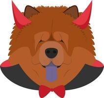 Halloween greeting card. Chow Chow dog dressed as a devil with red horns and cape vector