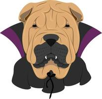 Víspera de Todos los Santos saludo tarjeta. Shar pei perro vestido como un vampiro con colmillos y capa vector