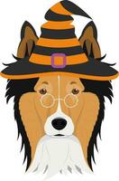 Halloween greeting card. Collie Rough dressed as a witch with glasses and black and orange hat vector