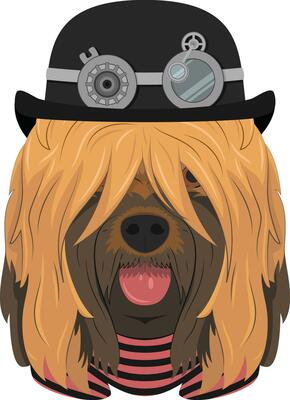 Halloween greeting card. Briard or Brie Shepherd dog with bowler hat and black and red striped t-shirt