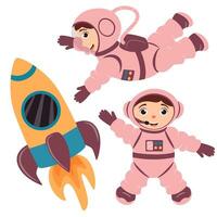 un conjunto de ilustraciones con linda astronautas y un cohete en un dibujos animados estilo. vector