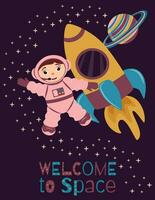 A4 poster with a cute astronaut, rocket and a planet with rings in cartoon style. vector