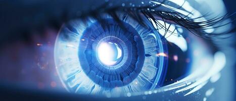 Perfect blue eye macro in a sterile environment and perfect vision in high resolution. The vision of the future and healthy life concept. Generative AI photo