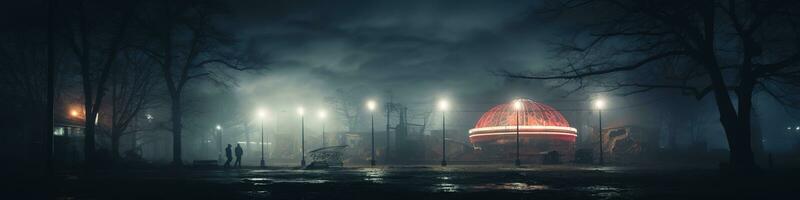 Nighttime abandoned amusement park with sanatorium, ferris wheel, and foggy park. Background concept for Halloween. Generative AI photo
