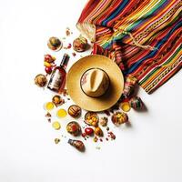 Celebrate Cinco de Mayo with this fun and festive top vertical view of a sombrero, poncho, and maracas, plus tequila shots, lime wedges, chili peppers on white background with copyspace. Generative AI photo