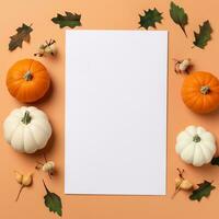 Blank paper sheet with Halloween decorations on pastel background. Greeting card, invitation mockup. Place for inscription. Pumpkin. Modern Minimal business template. top view. Generative AI photo