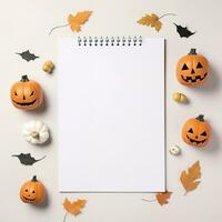 Blank paper sheet with Halloween decorations on pastel background. Greeting card, invitation mockup. Place for inscription. Pumpkin. Modern Minimal business template. top view. Generative AI photo