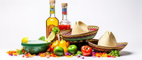 Celebrate Cinco de Mayo with this fun and festive top vertical view of a sombrero, poncho, and maracas, plus tequila shots, lime wedges, chili peppers on white background with copyspace. Generative AI photo