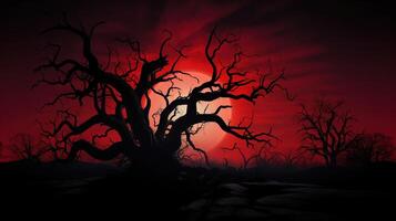 Silhouette dead tree at night for Halloween background. Generative AI photo