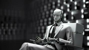 AI robot sitting down holding a briefcase waiting for a job interview. Generative AI photo