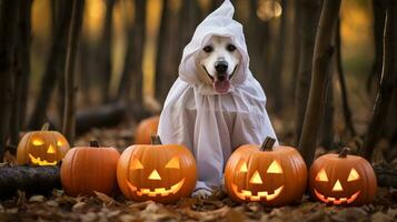 perro vistiendo un fantasma disfraz sentado Entre calabazas para Víspera de Todos los Santos en otoño antecedentes. generativo ai foto