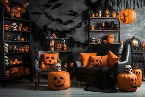 Orange toned living room interior with Halloween decorations. Background for Halloween. Generative AI photo
