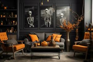 Orange toned living room interior with Halloween decorations. Background for Halloween. Generative AI photo