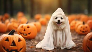 Dog wearing a ghost costume sitting between pumpkins for Halloween in Autumn background. Generative AI photo