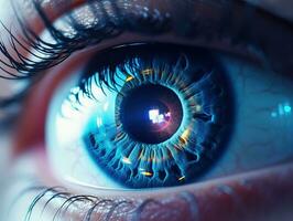 Perfect blue eye macro in a sterile environment and perfect vision in high resolution. The vision of the future and healthy life concept. Generative AI photo