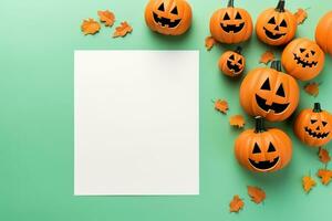 Blank paper sheet with Halloween decorations on pastel background. Greeting card, invitation mockup. Place for inscription. Pumpkin. Modern Minimal business template. top view. Generative AI photo