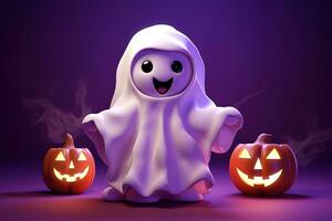 Happy Halloween, Cute little kid in ghost costume on isolated background. Generative AI photo