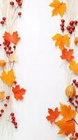 Autumn composition. Rowan berries, dried leaves, pumpkins, and flowers on white background. Autumn, fall, halloween, thanksgiving day concept. View from the top, with text space. Generative AI photo