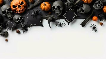 Halloween frame flat lay. Modern pumpkins jack o lantern, spiders, bats frame on background with space for text. Season's greeting card. Happy Halloween. Generative AI photo