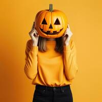 retrato de un mujer con calabaza cabeza. gracioso joven niña en pie aislado en un amarillo fondo, participación un tallado naranja calabaza y ocultación su cara detrás él. Víspera de Todos los Santos concepto. generativo ai foto