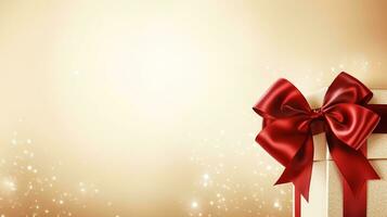 Holiday beige background with gift, red satin bow, ribbon with Copy space. Generative AI photo