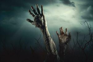 Zombie hand rising out of a graveyard in spooky night. Halloween concept. Generative AI photo