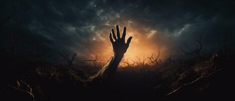 Zombie hand rising out of a graveyard in spooky night. Halloween concept. Generative AI photo