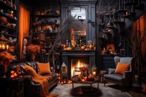 Orange toned living room interior with Halloween decorations. Background for Halloween. Generative AI photo