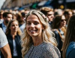 photo of beautiful woman at parade street in Europe country, generative AI