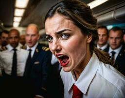 photo of rage angry air hostess crew woman arguing the other with wound on face, generative AI