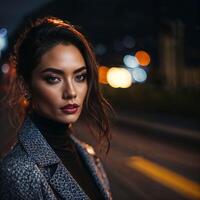 foto de mujer a calle noche con luz, generativo ai