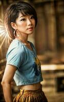 photo of teenage playful asian woman with accessories and mullet hairstyle, generative AI