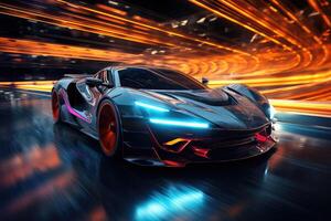 the futuristic sports car is driving on a city street . AI Generated photo