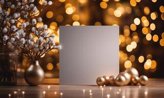 christmas card with golden lights and vase on wooden table . AI Generated photo