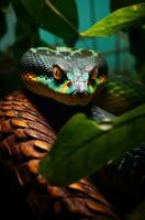 Snake curled up on a branch among the leaves photo