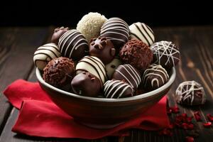 Dark, milk and white chocolate candies, truffles, assorted on wooden table. Dessert for Valentine's Day. photo