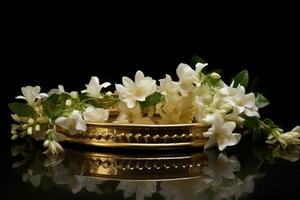 Garland of jasmine and flowers on a golden tray. photo