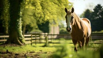 Horse ranch with green landscape photo