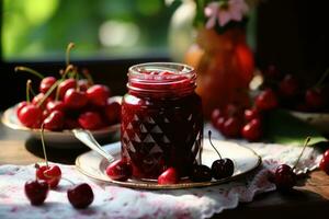 Cherry jam with fresh fruit. Generative AI photo