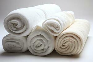 Rolled and prepared towels for guest use. photo