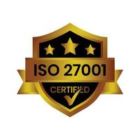 Yo asi 27001 certificado Insignia o información seguridad administración sistema, Yo asi 27001 vector icono, caucho estampilla, sello, etiqueta, emblema, con cheque marca, lustroso y dorado Insignia vector ilustración