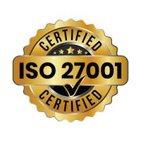 Yo asi 27001 certificado Insignia o información seguridad administración sistema, Yo asi 27001 vector icono, caucho estampilla, sello, etiqueta, emblema, con cheque marca, lustroso y dorado Insignia vector ilustración