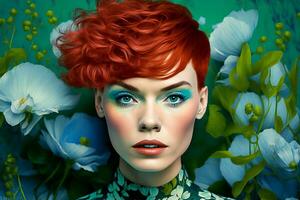 Fantasy hairstyle for short red hair with blue flower decorations. Generative AI photo
