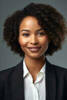 African American business woman smiling at camera, generative ai photo
