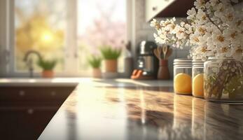 Empty kitchen counter worktop for product display. White flowers vase. Generative a photo